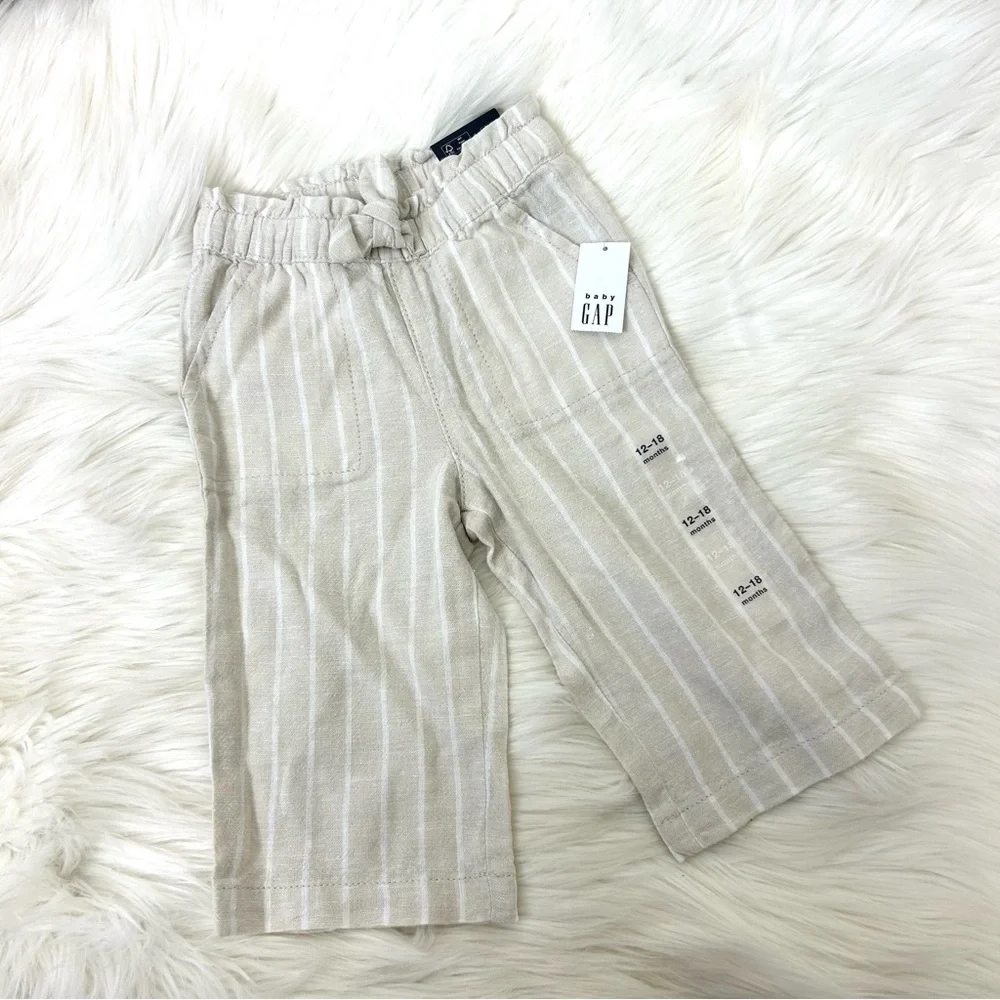 NWT Baby Gap Neutral Striped Linen Pants Baby Girl Size 12-18M